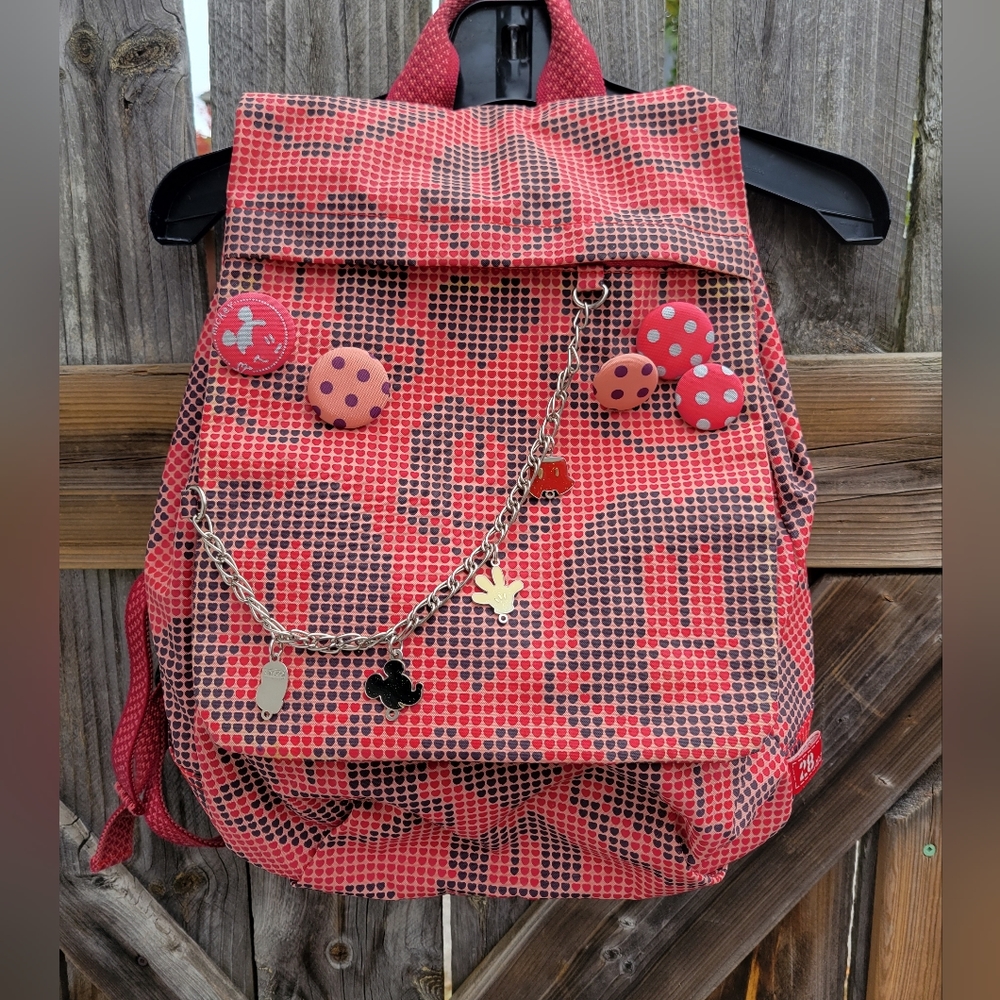 Disney Mickey Mouse Backpack, Red Black Hearts Charms Buttons Bag
